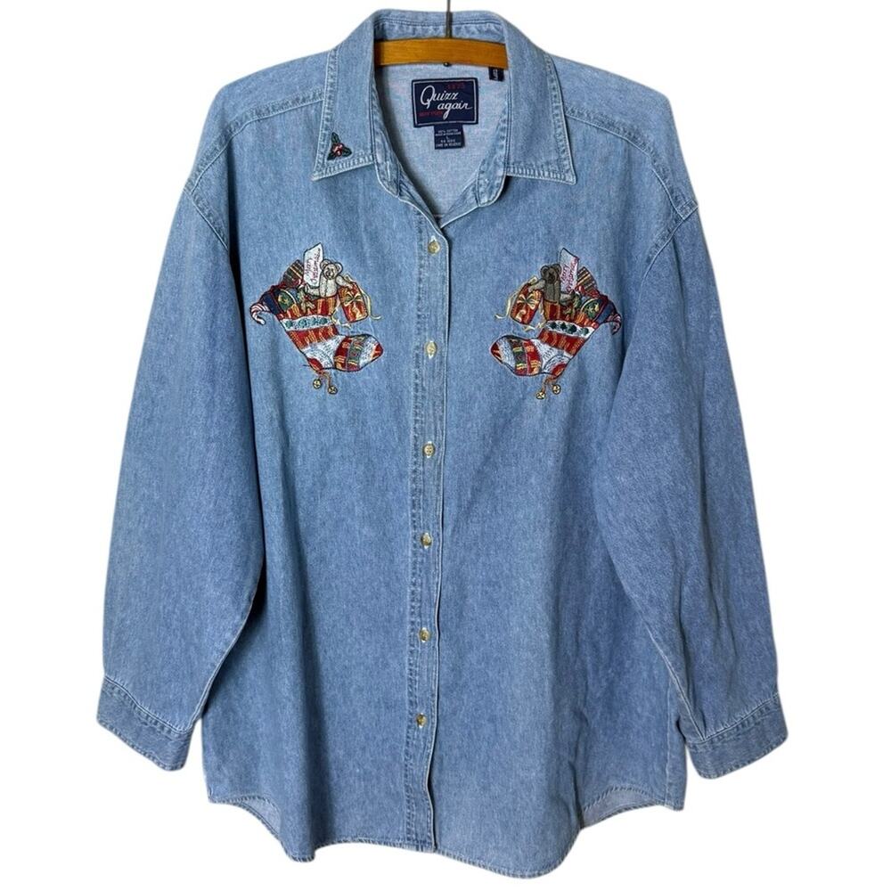 Vintage Let’s Quizz Again Women’s Sz Large Denim Button Down Christmas Shirt